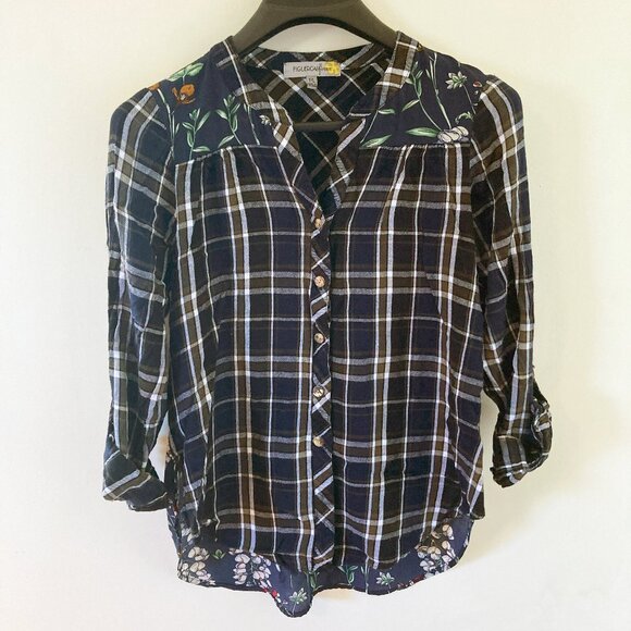 Figuerca & Flower Full Button Tie Blue Plaid Floral Blouse Shirt Top Tab PL L - Picture 1 of 7